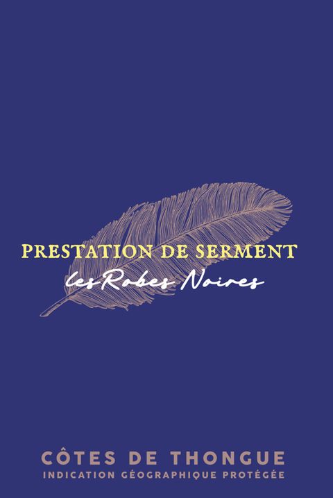 Étiquette de la cuvée Prestation de serment du domaine Les Robes Noires : une plume dorée sur fond bleu nuit, en IGP Côtes de Thongue.