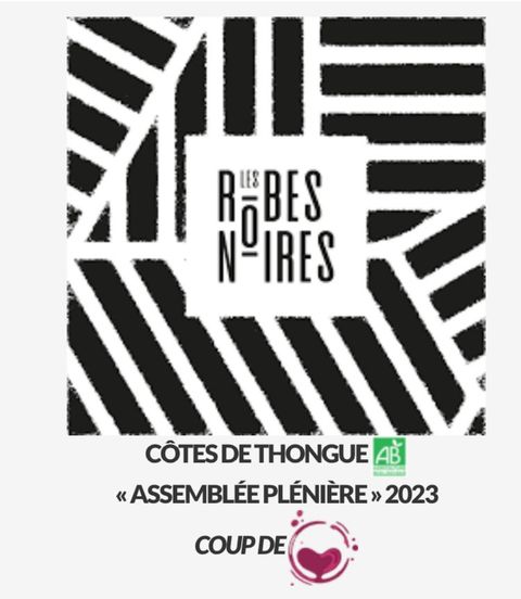 Fiche des Buvologues distinguant l’« Assemblée Plénière » 2023 en Côtes de Thongue d’un coup de cœur, avec l’étiquette de la cuvée et le logo AB.