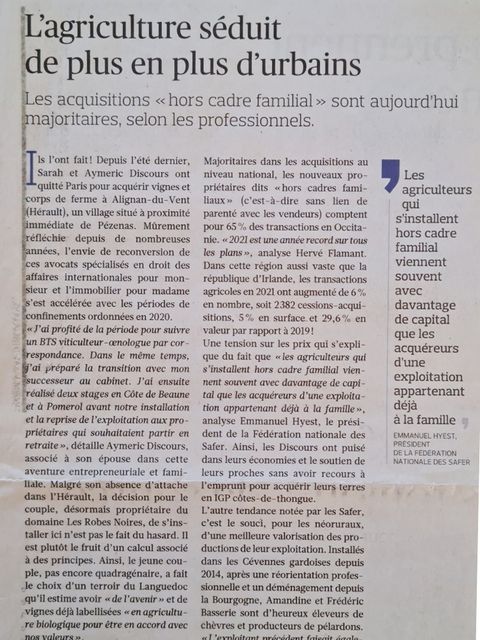 Article du Figaro « L’agriculture séduit de plus en plus d’urbains », sur les acquisitions agricoles hors cadre familial.