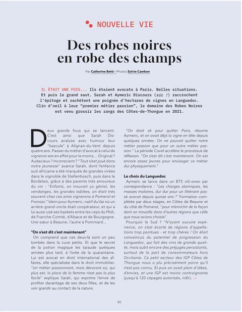Page du magazine élixir intitulée « Des robes noires en robe des champs », signée Catherine Betti, photographies Sylvie Cambon.