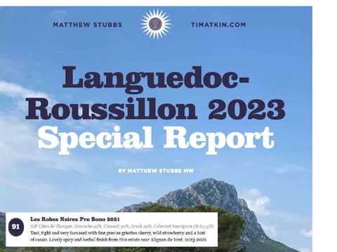 Extrait du Languedoc-Roussillon 2023 Special Report de Tim Atkin, notant le Pro Bono 2021 à 91 points.