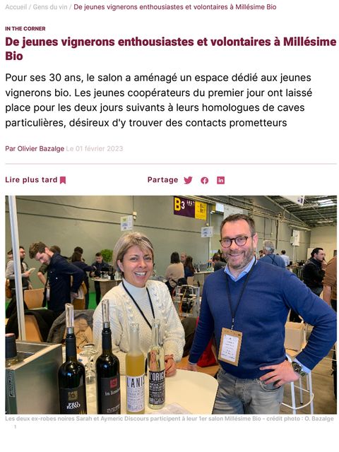 Article de Vitisphere « De jeunes vignerons enthousiastes et volontaires à Millésime Bio », illustré d’une photographie du stand du domaine.