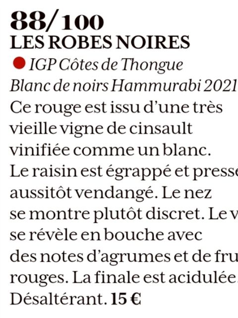 Fiche de dégustation de la Revue des Vins de France notant le Hammurabi 2021 à 88 sur 100.