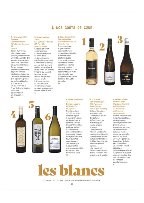 Page « Nos goûts de cœur — les blancs » de la revue élixir n° 3, où figure le Hammurabi 2023 du domaine Les Robes Noires.
