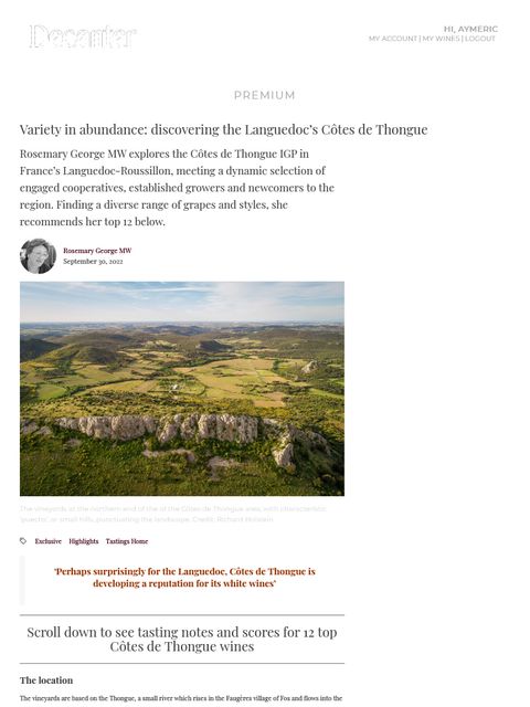 Article de Decanter « Variety in abundance: discovering the Languedoc’s Côtes de Thongue », illustré d’une vue aérienne du vignoble et de ses puechs.