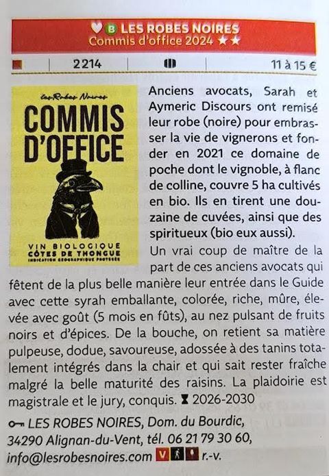 Notice du Guide Hachette des vins 2026 consacrée au Commis d’office 2024, portant deux étoiles et la mention coup de cœur.