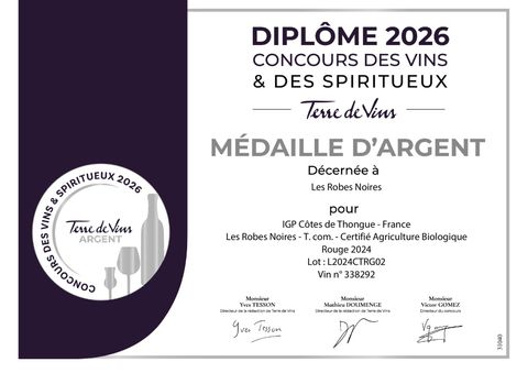 Diplôme du Concours des Vins & des Spiritueux Terre de Vins 2026 décernant une médaille d’argent au T. com. 2024.