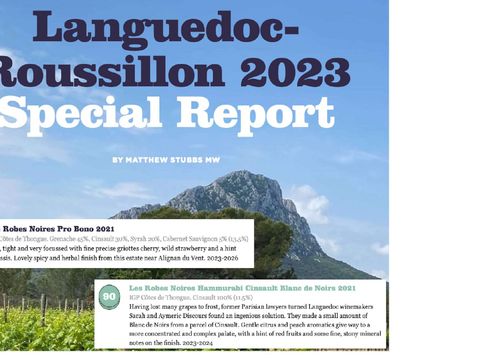 Extrait du Languedoc-Roussillon 2023 Special Report de Tim Atkin, notant le Hammurabi 2021 à 90 points.